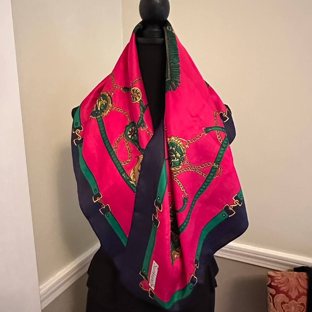 Vintage Pink and Navy Scarf with Green Accents Sunkyung Sa